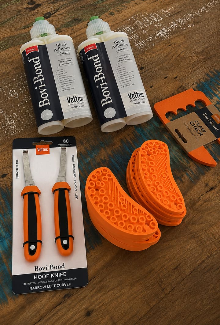 Kit completo Sanfix para casqueamento bovino: adesivo Bovi-Bond, bloco para casco e ferramentas